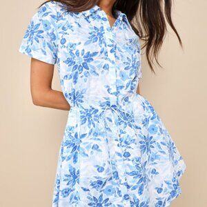 Lulus Sunny Charisma Blue Floral Button-up Mini Dress With Pockets - Size XXS